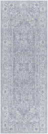 Close-up of the Earlsfield rug. Traditional oriental pattern in shades of blue, gray, and white. Machine woven texture. Design-Runner-287