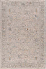 Close-up of the Ayarn Thick Luxe Statement Rug, showcasing its farmhouse style, traditional pattern, and brown, teal, and gray colors. Design-Rectangle-6796