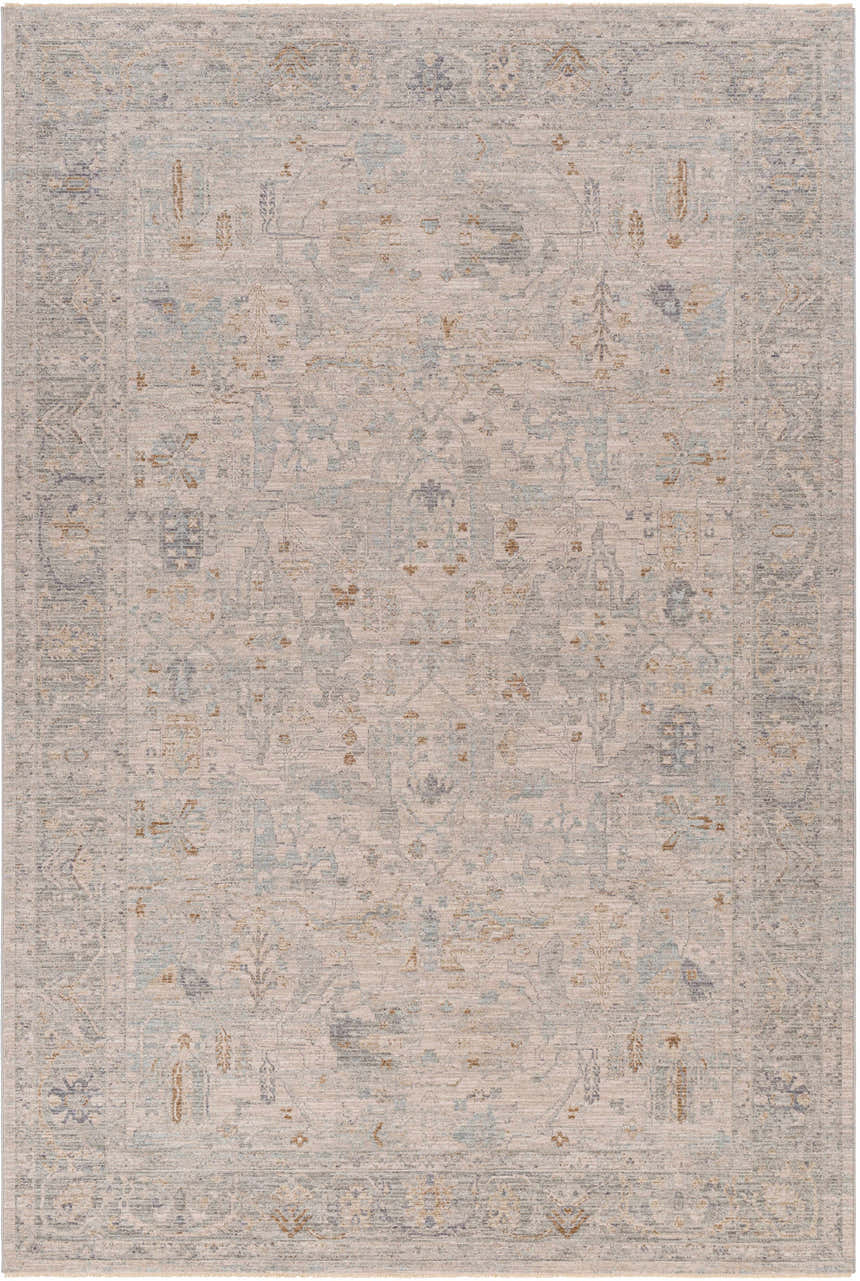 Close-up of the Ayarn Thick Luxe Statement Rug, showcasing its farmhouse style, traditional pattern, and brown, teal, and gray colors. Design-Rectangle-6796