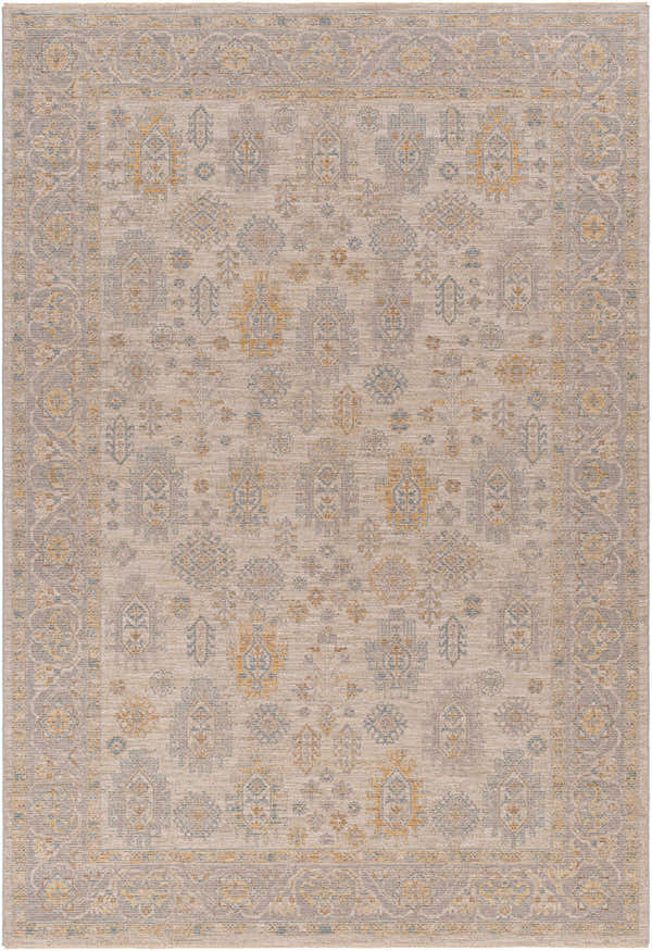 Close-up of Ayele Thick Luxe Statement Rug; farmhouse style with charcoal, mustard, and tan traditional pattern. Design-Rectangle-6796