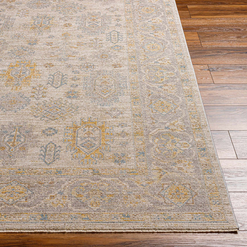 Close-up of the Ayele Thick Luxe Statement Rug showing its traditional taupe, mustard, and blue pattern on wood floors. Front