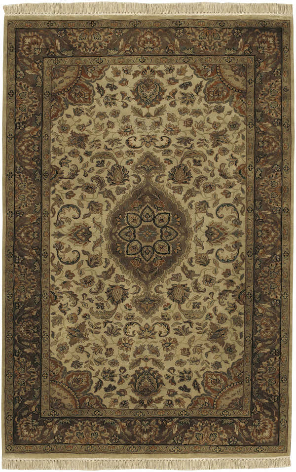 Close-up of the Azalia Premium Wool rug with a traditional floral pattern in beige, brown, and gray tones. Hand-knotted texture. Design-Rectangle-5686