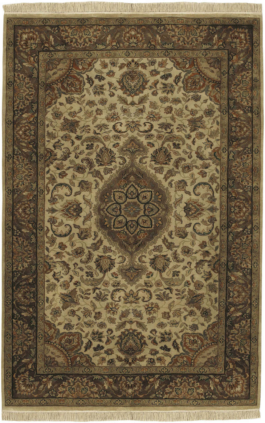 Close-up of the Azalia Premium Wool rug with a traditional floral pattern in beige, brown, and gray tones. Hand-knotted texture. Design-Rectangle-5686