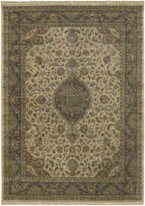 Detailed floral pattern on a beige Azalia Premium Wool 8' Round Rug with brown and blue accents. Design-Rectangle-86116