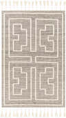 Close-up of the Azra Tasseled Jute & Wool Rug. Charcoal rug with a cream geometric pattern and tassels. Design-Rectangle-576