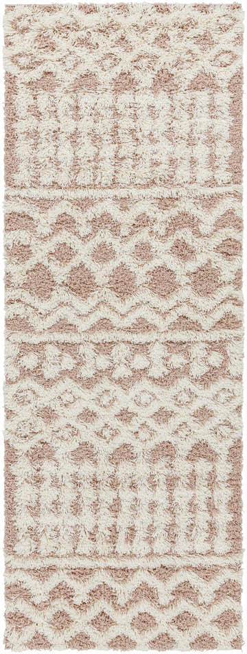 Close-up of the Azura Shag Area Rug. Features a geometric shag design in dark beige, dusty pink, and white thatch hues. Design-Runner-2773