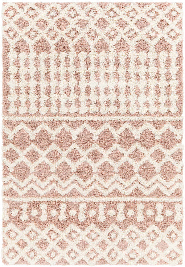 Close-up of the Azura Shag Area Rug. Features a geometric pattern in dark beige, dusty pink, and white thatch colors. Design-Rectangle-5373