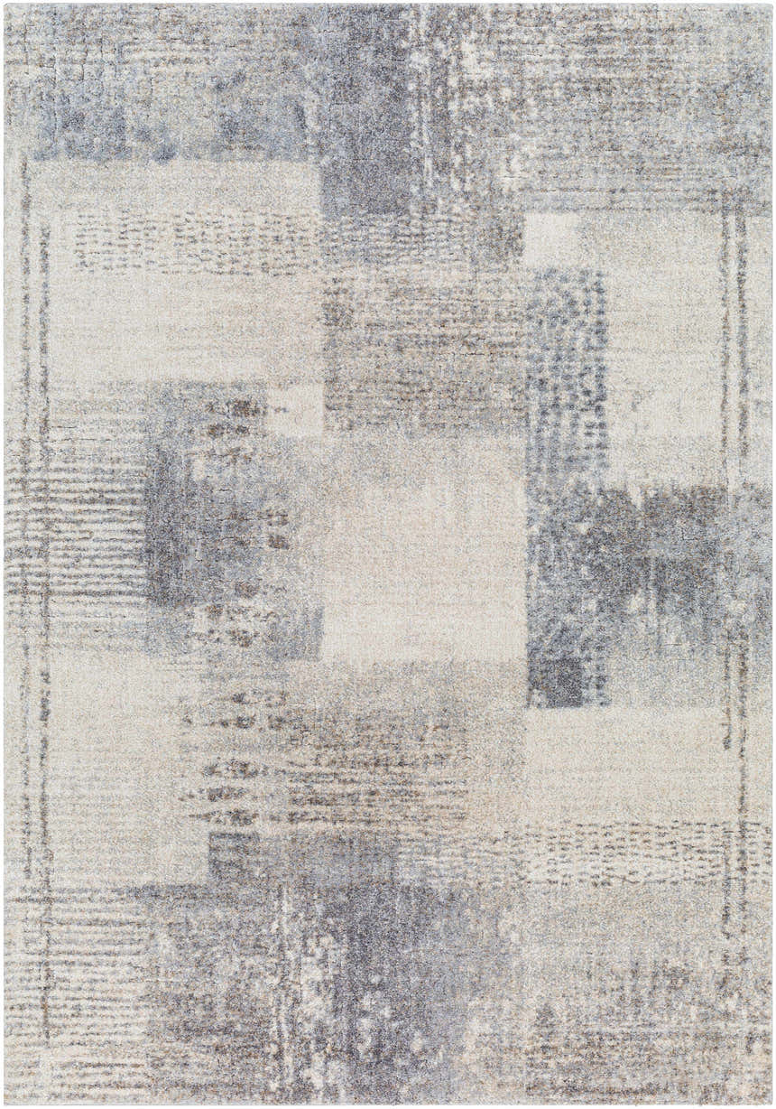 Close-up of the Bacca Area Rug showing its gray, light gray, and nutmeg contemporary block pattern. Design-Rectangle-5373