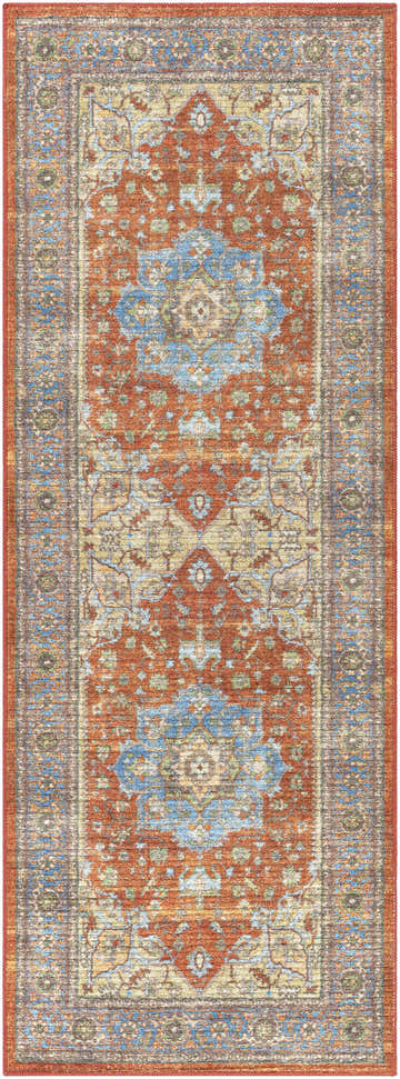 Bacoor Washable Area Rug featuring a traditional oriental pattern in beige, brick red, denim, and sage. Machine woven texture. Design-Runner-2773