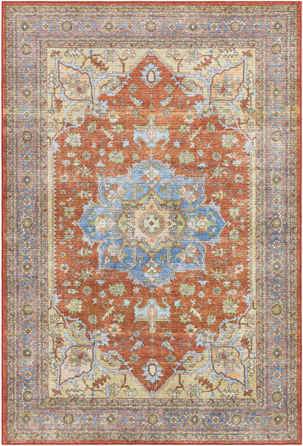 Bacoor Washable Area Rug, clearance. Traditional oriental rug with brick red, beige, and blue floral pattern. Machine woven polyester. Design-Rectangle-537