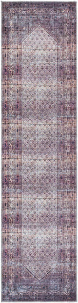Close-up of the Dusty Pink Bagacay Distressed Washable Area Rug. Features cream, pink, and blue oriental-inspired patterns. Design-Runner-2710