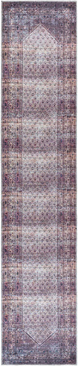Close-up of a Dusty Pink Bagacay Distressed Washable Area Rug. Oriental design with cream, pink, plum, and blue hues. Design-Runner-2712