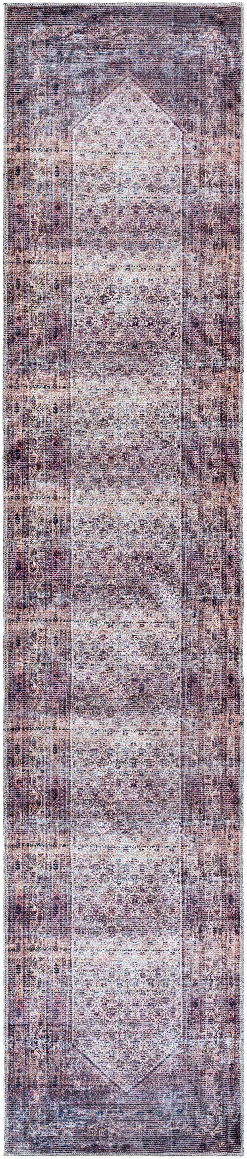 Close-up of a Dusty Pink Bagacay Distressed Washable Area Rug. Oriental design with cream, pink, plum, and blue hues. Design-Runner-2712