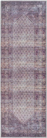 Close-up of the Dusty Pink Bagacay Distressed Washable Area Rug, featuring a traditional oriental pattern in cream, pink, and blue. Design-Runner-2773