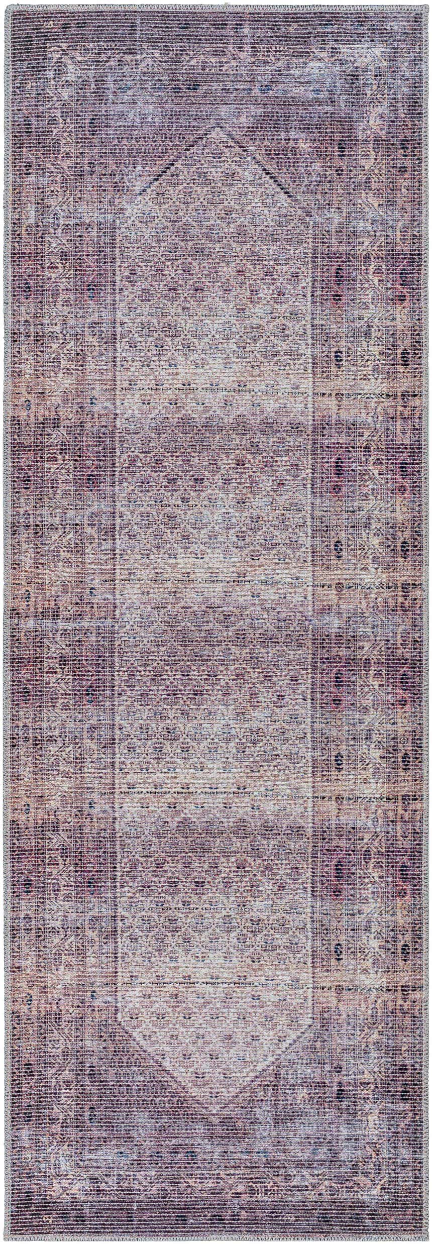 Close-up of the Dusty Pink Bagacay Distressed Washable Area Rug, featuring a traditional oriental pattern in cream, pink, and blue. Design-Runner-2773