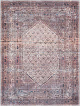 Close-up of Dusty Pink Bagacay Distressed Washable Area Rug featuring cream, pink, and blue oriental pattern. Design-Rectangle-710102