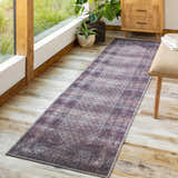 Bright hallway with Dusty Pink Bagacay runner rug, wood floors, plants, and dresser. Roomscene-Runner