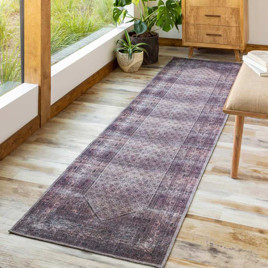 Bright hallway with Dusty Pink Bagacay runner rug, wood floors, plants, and dresser. Roomscene-Runner