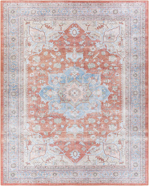 Close-up of the Brown Bagamanoc Medallion Area Rug. Features a traditional, vintage design with brown, blue, and red colors. Design-Rectangle-7696