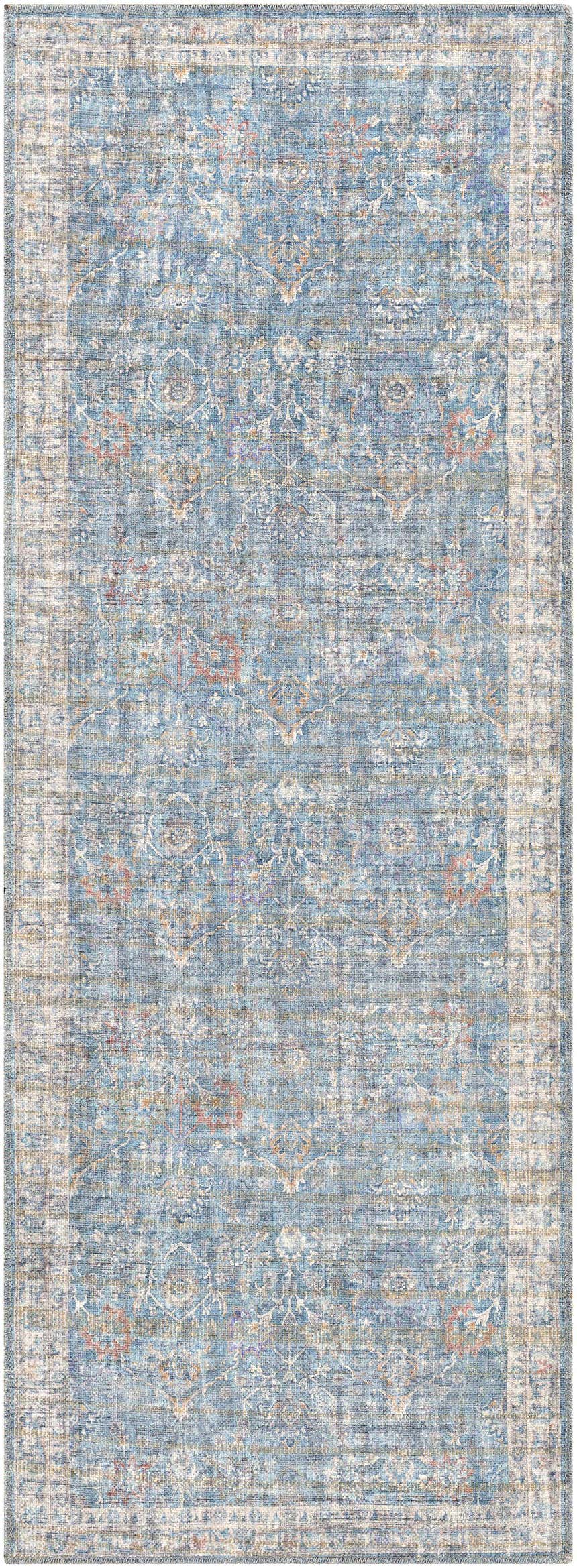 Close-up of the Bagontapay Washable Area Rug. Blue, cream, and light brown oriental rug with a traditional floral pattern. Design-Runner-2773