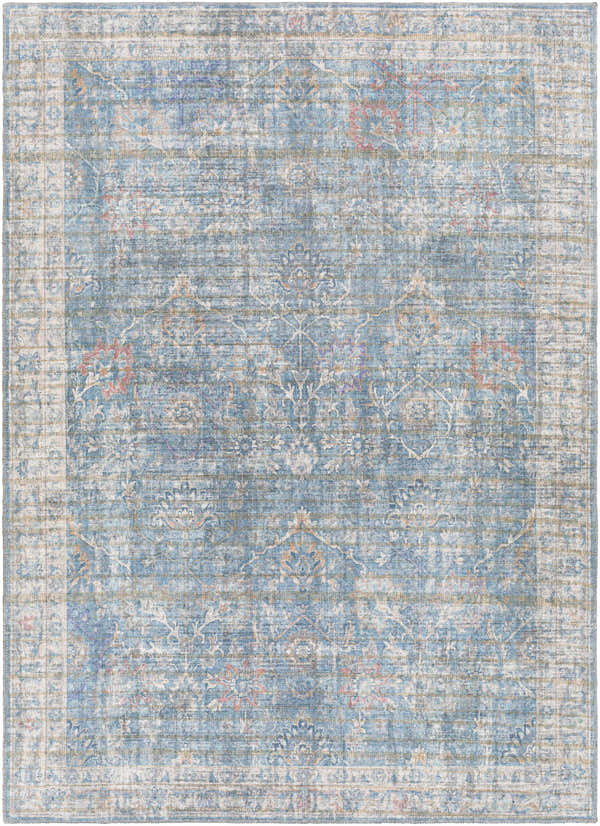 Close-up of the Bagontapay Washable Area Rug, featuring a traditional floral pattern in blue, cream, and light brown tones. Design-Rectangle-5373