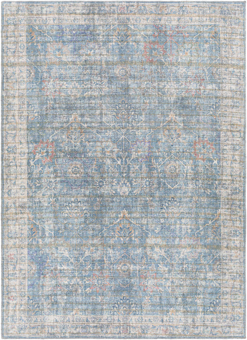 Close-up of the Bagontapay Washable Area Rug, featuring a traditional floral pattern in blue, cream, and light brown tones. Design-Rectangle-5373