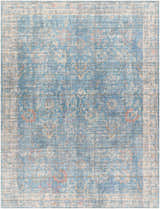 Close-up of the Bagontapay Washable Area Rug. Blue, cream, and rose floral pattern with a traditional, distressed design. Design-Rectangle-710102