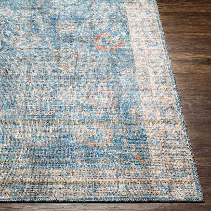Close-up of the Bagontapay Washable Area Rug. Features blue, cream, and rose tones with an oriental-inspired pattern. Front