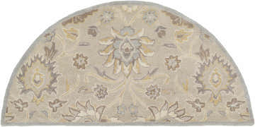 Close-up of the hearth-shaped Conesus 1192 rug. Hand-tufted wool rug in ivory, taupe, and pale blue with a traditional floral pattern. Design-Hearth