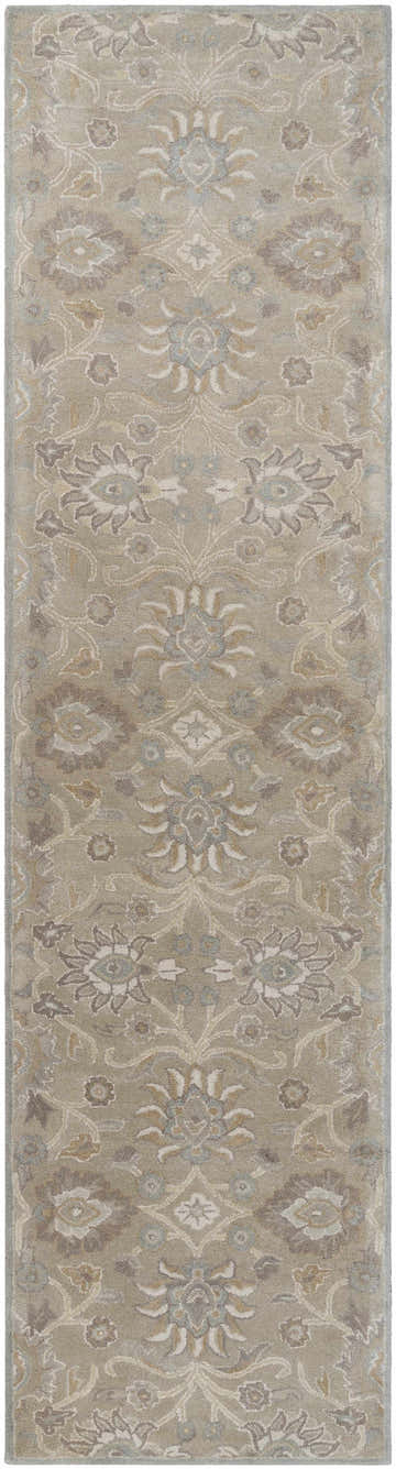 Close-up of the Conesus 1192 rug. Hand-tufted wool rug in ivory, taupe, light brown, and pale blue with a traditional floral pattern. Design-Runner-312