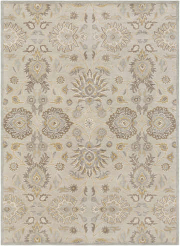 Close-up of the Conesus 1192 rug. Hand-tufted wool rug in ivory, taupe, and light brown with a traditional floral pattern. Design-Rectangle-811