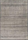 Close-up of the Balaclava Area Rug. Hand-knotted wool rug in black, gray, and off-white with a subtle, textured stripe pattern. Design-Rectangle-69