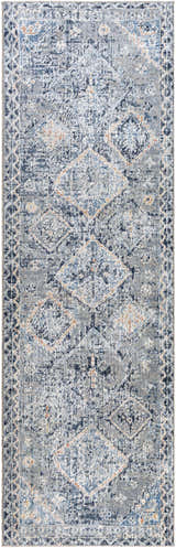 Close-up of the Balamban Area Rug. Bohemian style rug in brick red, cream, denim, gray, light beige, and navy. Design-Runner-268
