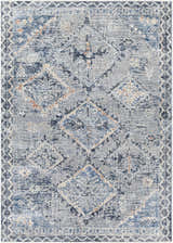 Close-up of the Balamban Area Rug. Bohemian style rug with brick red, cream, denim, gray, light beige, and navy colors. Design-Rectangle-579