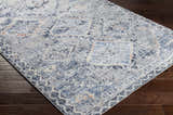 Close-up of the Balamban Area Rug. Features a blue, cream, and beige bohemian pattern on a dark wood floor. Corner