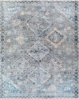 Close-up of the Balamban Area Rug. Bohemian style rug in shades of gray, denim blue, cream, and brick red. Machine woven polyester. Design-Rectangle-71010