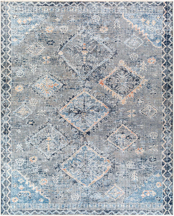 Close-up of the Balamban Area Rug. Bohemian style rug in shades of gray, denim blue, cream, and brick red. Machine woven polyester. Design-Rectangle-71010