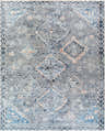 Close-up of the Balamban Area Rug. Bohemian style rug in shades of gray, denim blue, cream, and brick red. Machine woven polyester. Design-Rectangle-71010