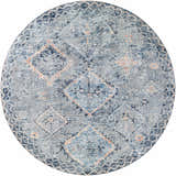 Close-up of a round Balamban Area Rug. Bohemian style, with brick red, cream, denim, gray, light beige, and navy colors. Design-Round-710