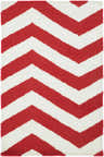 Close-up of the hand woven Baldwin Area Rug. Red and white chevron pattern, made of 100% wool. Design-Rectangle-23