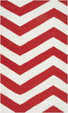 Close-up of the Baldwin Area Rug. Hand-woven wool rug in a bold red and white chevron pattern. Design-Rectangle-58