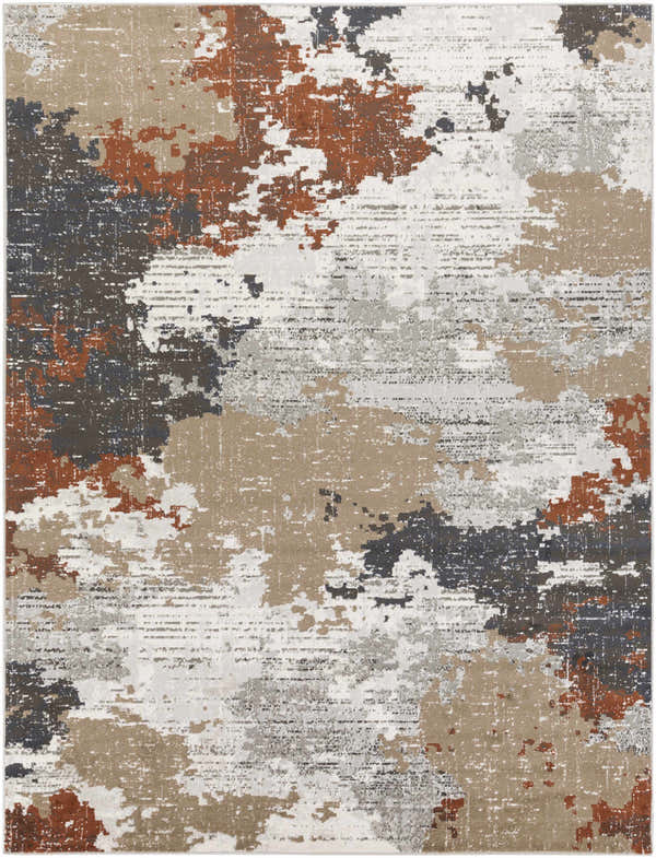 Close-up of the Balerno Area Rug, featuring a contemporary abstract pattern in charcoal, terracotta, and gray hues. Design-Rectangle-710102