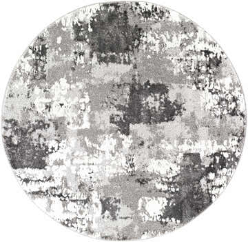 Close-up of a round Balmat Area Rug. Black, ivory, light, and medium gray abstract pattern. Contemporary style. Design-Round-53