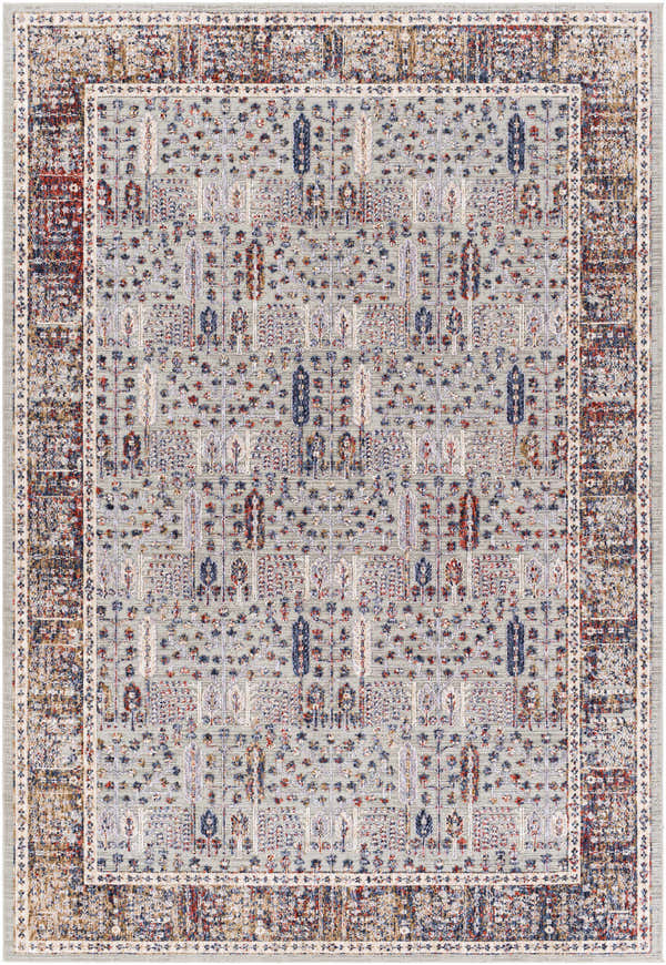 Balmullo Area Rug in brick red, brown, charcoal, cream, and blue. Contemporary style with a traditional pattern. Design-Rectangle-5373