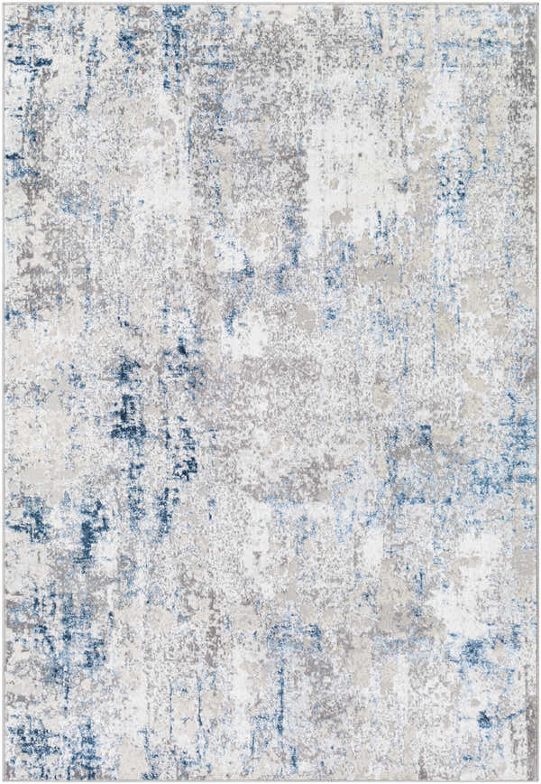 Close-up of the Balranald Area Rug. Contemporary design in cream, dark blue, gray, and beige tones. Machine woven texture. Design-Rectangle-527