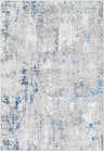 Close-up of the Balranald Area Rug. Contemporary design in cream, dark blue, gray, and beige tones. Machine woven texture. Design-Rectangle-527