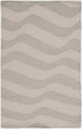 Close-up of the Balsam Area Rug, a hand-woven wool rug with a contemporary light gray and slate wavy stripe pattern. Design-Rectangle-23