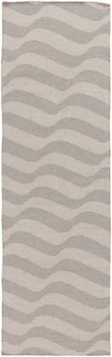 Close-up of the Balsam Area Rug, a hand-woven wool rug with a light gray and slate wavy stripe pattern. Design-Runner-268