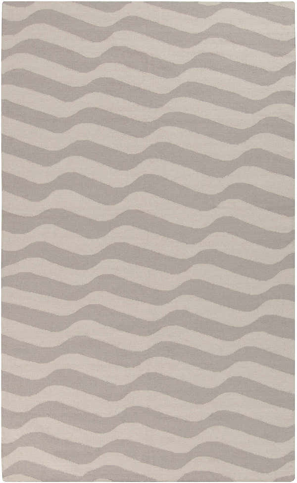 Close-up of the Balsam Area Rug, a hand-woven wool rug with a light gray and slate wavy stripe pattern. Design-Rectangle-58