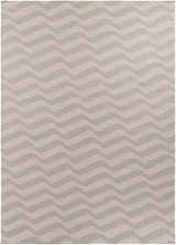 Close-up of the Balsam Area Rug, a hand-woven wool rug with a light gray and slate wavy stripe pattern. Design-Rectangle-811